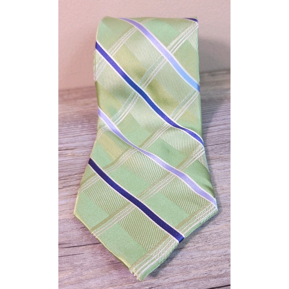 Michael Kors Mens Tie Green Blue Plaid Striped 100% Silk Classic Necktie Wedding - Picture 1 of 6